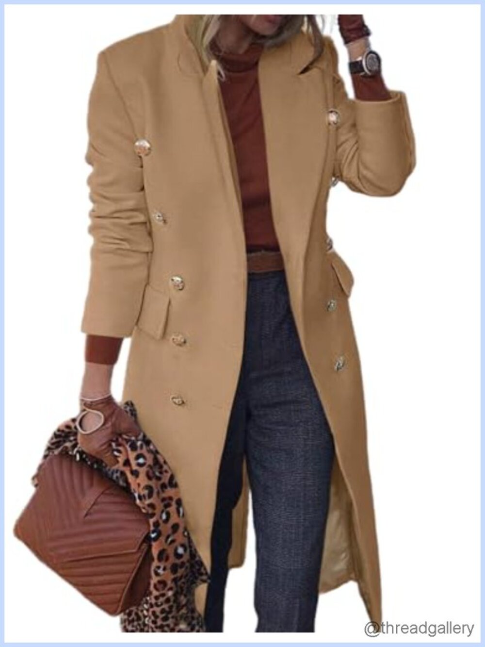 Wool Blend Long Trench Coat Double Breasted Peacoat Notch Lapel